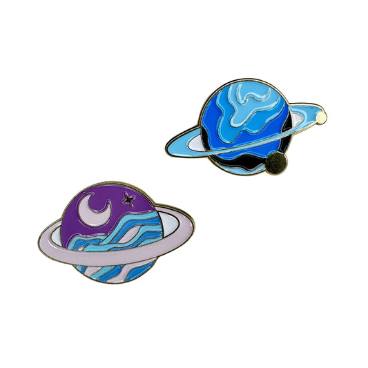 Set of 2 Pins - Blue & Pink Planet Saturn